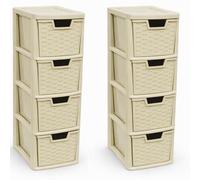 KHANARY - Medium Storge Drawer Unit - Plastic Modular Easy-Glide Drawers - Space-Saving Compact Storage Cabinet for Bedroom, Living Room, Office, Household Essentials, Cream Rattan, 2 Pack 4 Tier