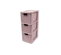 Khanary Pink Rattan Style Plastic Storage Drawers 3 Tier - Medium Space Saving Unit for Bedroom Bathroom Office Garage School- Compact Clothes Toy Makeup Stationery Arts Organiser 48x19x25 cm