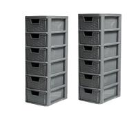 Khanary Plastic Storage Drawer Unit| 2x Small Mini 6 Tier| Grey Rattan Effect Desktop Organizer Tabletop Cabinet Plastic Trolley for Home Kitchen Bath Garage School| 26D x 19W x 60H cm| Grey Rattan