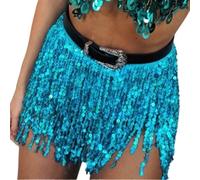 KHASCBNF Tassel Skirt Belly Dancer Wrap Tassel Sequin Skirt - Club & Midi Pleated Costume for Women(Blue)