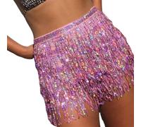 KHASCBNF Tassel Skirt Belly Dancer Wrap Tassel Sequin Skirt - Club & Midi Pleated Costume for Women(Pink)