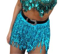 KHASCBNF Tassel Skirt Summer Women's Tassel Fringe Sequin Skirt - Beach Mini Belly Dancer Costume with Waist Tie(Blue)