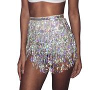 KHASCBNF Tassel Skirt Summer Women's Tassel Fringe Sequin Skirt - Beach Mini Belly Dancer Costume with Waist Tie(Silver)