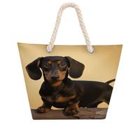 KHAUERBC A Cute Dachshund Bag - Large Shoulder,Sturdy And Durable,Hemp Rope Tote Bags with Zipper,Fashionable Beach Bag for Weekender Pool Gym Grocery Travel