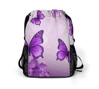 KHAUERBC Purple Butterflies Drawstring Backpack for Adult,Gym Bag with Shoe Compartment,Hiking Backpack with Mesh Side Pockets