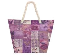 KHAUERBC Purple Flowers Collage Bag - Large Shoulder,Sturdy And Durable,Hemp Rope Tote Bags with Zipper,Fashionable Beach Bag for Weekender Pool Gym Grocery Travel