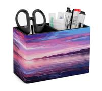 KHAUERBC Purple Sunset on Water PU Leather Pen Holder for Desk Double Compartments.Multi-Functional Pencil Holder for Office Cosmetics Gifts. Remote Control Holder 4.3 * 2.8 * 5.9 In.
