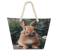 KHAUERBC Rabbit Next to Flowers Bag - Large Shoulder,Sturdy And Durable,Hemp Rope Tote Bags with Zipper,Fashionable Beach Bag for Weekender Pool Gym Grocery Travel