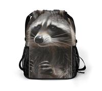 KHAUERBC Raccoon Drawstring Backpack for Adult,Gym Bag with Shoe Compartment,Hiking Backpack with Mesh Side Pockets
