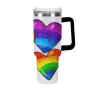 KHAUERBC Rainbow Colored Gay Pride Hearts Cups with Straw And Handle,Coffee Mug Double Wall Vacuum-Insulation,Water Bottles for Iced Coffee,Tea,Hot And Cold Drink