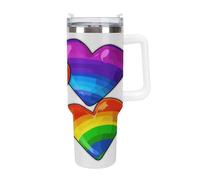 KHAUERBC Rainbow Colored Gay Pride Hearts Cups with Straw And Handle,Coffee Mug Double Wall Vacuum-Insulation,Water Bottles for Iced Coffee,Tea,Hot And Cold Drink