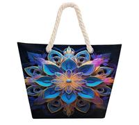 KHAUERBC Rectangle Mandala Bag - Large Shoulder,Sturdy And Durable,Hemp Rope Tote Bags with Zipper,Fashionable Beach Bag for Weekender Pool Gym Grocery Travel