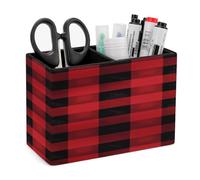 KHAUERBC Red Black Buffalo Check Plaid Pattern PU Leather Pen Holder for Desk Double Compartments.Multi-Functional Pencil Holder for Office Cosmetics Gifts. Remote Control Holder 4.3 * 2.8 * 5.9 In.