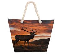 KHAUERBC Red Deer Bull Elk Sunset Bag - Large Shoulder,Sturdy And Durable,Hemp Rope Tote Bags with Zipper,Fashionable Beach Bag for Weekender Pool Gym Grocery Travel