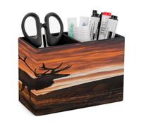 KHAUERBC Red Deer Bull Elk Sunset PU Leather Pen Holder for Desk Double Compartments.Multi-Functional Pencil Holder for Office Cosmetics Gifts. Remote Control Holder 4.3 * 2.8 * 5.9 In.