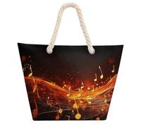 KHAUERBC Red Flame Music Note Bag - Large Shoulder,Sturdy And Durable,Hemp Rope Tote Bags with Zipper,Fashionable Beach Bag for Weekender Pool Gym Grocery Travel