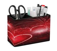 KHAUERBC Red Hearts Fireworks PU Leather Pen Holder for Desk Double Compartments.Multi-Functional Pencil Holder for Office Cosmetics Gifts. Remote Control Holder 4.3 * 2.8 * 5.9 In.