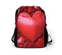 KHAUERBC Red Hearts Love Drawstring Backpack for Adult,Gym Bag with Shoe Compartment,Hiking Backpack with Mesh Side Pockets