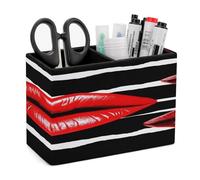 KHAUERBC Red Lips Kiss PU Leather Pen Holder for Desk Double Compartments.Multi-Functional Pencil Holder for Office Cosmetics Gifts. Remote Control Holder 4.3 * 2.8 * 5.9 In.