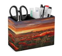KHAUERBC Red Poppy Flower Field in Sunset PU Leather Pen Holder for Desk Double Compartments.Multi-Functional Pencil Holder for Office Cosmetics Gifts. Remote Control Holder 4.3 * 2.8 * 5.9 In.