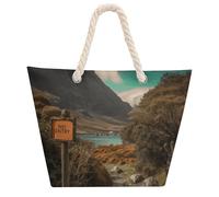 KHAUERBC Road Sign on The Mountain Bag - Large Shoulder,Sturdy And Durable,Hemp Rope Tote Bags with Zipper,Fashionable Beach Bag for Weekender Pool Gym Grocery Travel