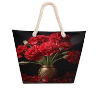 KHAUERBC Romantic Carnation Bag - Large Shoulder,Sturdy And Durable,Hemp Rope Tote Bags with Zipper,Fashionable Beach Bag for Weekender Pool Gym Grocery Travel