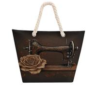 KHAUERBC Rose And Sewing Machine Bag - Large Shoulder,Sturdy And Durable,Hemp Rope Tote Bags with Zipper,Fashionable Beach Bag for Weekender Pool Gym Grocery Travel