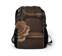 KHAUERBC Rose And Sewing Machine Drawstring Backpack for Adult,Gym Bag with Shoe Compartment,Hiking Backpack with Mesh Side Pockets