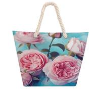 KHAUERBC Roses on Blue Background Bag - Large Shoulder,Sturdy And Durable,Hemp Rope Tote Bags with Zipper,Fashionable Beach Bag for Weekender Pool Gym Grocery Travel