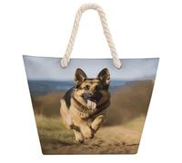 KHAUERBC Running German Shepherd Dog Bag - Large Shoulder,Sturdy And Durable,Hemp Rope Tote Bags with Zipper,Fashionable Beach Bag for Weekender Pool Gym Grocery Travel