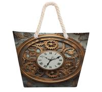 KHAUERBC Rusty Steampunk Clock Bag - Large Shoulder,Sturdy And Durable,Hemp Rope Tote Bags with Zipper,Fashionable Beach Bag for Weekender Pool Gym Grocery Travel