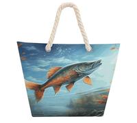 KHAUERBC Safflower Flying Fish Bag - Large Shoulder,Sturdy And Durable,Hemp Rope Tote Bags with Zipper,Fashionable Beach Bag for Weekender Pool Gym Grocery Travel