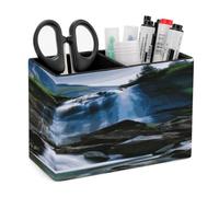 KHAUERBC Scenic Mountain Waterfall PU Leather Pen Holder for Desk Double Compartments.Multi-Functional Pencil Holder for Office Cosmetics Gifts. Remote Control Holder 4.3 * 2.8 * 5.9 In.