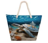 KHAUERBC Sea Conch Shell Starfish Turtle Bag - Large Shoulder,Sturdy And Durable,Hemp Rope Tote Bags with Zipper,Fashionable Beach Bag for Weekender Pool Gym Grocery Travel