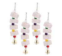 KHBUAB 4pcs Natural Pumice Stone Bird Chew for Parakeets and Small Pets, Sturdy Beak and Teeth Grinding Stones with Bells, for African Grey and Cockatiels