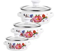 KHBUAB Enamel Mini Soup Pot Set 3 Pieces with Double Handles, Flat Bottom Stew and Instant Noodle Cooking Pots, Vintage Floral Pattern, Suitable for Stove and Daily Kitchen Use