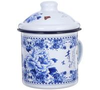 KHBUAB Vintage Enamel Mug with Lid 700ml Thickened Retro Blue and White Porcelain Tea Cup 10cm Sturdy Travel and Office Drinking Cup