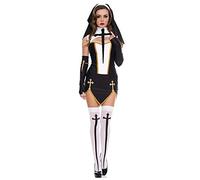 KHDFYER Sexy Lingerie Black White Sexy Nun Sister Costume Virgin Mary Nuns Costumes Adult Women Halloween Cosplay Party Dress+Hood+Gloves+Stockings-Black_M
