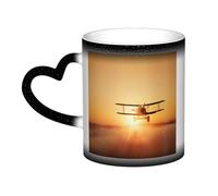 KHDKLXOHZ Cute Aircraft Plane at Sunset Heat Changing Ceramic Coffee Mug 11oz â€“ Color Changing Heat Sensitive Mugs with Heart Handle and 3D Pattern, Funny Coffee Tea Cup Gift