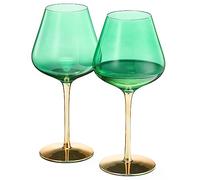Khen Art Deco Colored Wine Glasses, Gold | Set of 2 | 20 oz Classic Cocktail Glassware for Red or White Wine, Gin & Tonic, Champagne, Speakeasy Style Goblets Stems, Vintage Blue, Teal, Green (20OZ)