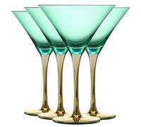 Khen Colored Martini Art Deco Glasses, Gold | Set of 4 | 8 oz Classic Cocktail Glassware for Cosmopolitan, Martini, Bellini, Sidecar, Speakeasy Style Goblets Stems, Vintage Blue, Teal, Green (8 OZ)
