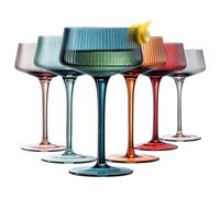 Khen Colored Vintage Art Deco Coupe Glasses - Martini, Cocktail & Champagne Glasses | Set of 6 | Pastel Muted Crystal Cocktail Glassware, Goblet Cocktails, Stemmed Ribbed Gift - Full Ripple Set