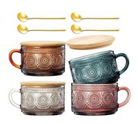 Khen Colored Vintage Coffee Mug Set | Set of 4 | 15oz Unique Flower Hobnail Glasses, Overnight Oats Container with Gold Spoons - Embossed Cups Cute Coffee Bar Accessories, Glassware (Muted)