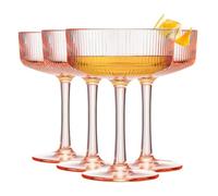 Khen Pink Peach Acrylic Ribbed Coupe Martini Champagne Cocktail Glasses, Set of 4, 8 oz Shatterproof Ripple Stemware European Style Reusable Drinkware Goblets, Indoor Outdoor Parties Weddings Bar Gift