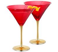 Khen Red Colored Martini Art Deco Glasses, Gold | Set of 2 | Festive, Celebration, Wedding & Holiday 8.1 oz Cocktail Glassware for Champagne, Coupe, Crystal Speakeasy Style Goblets Stems, Gift Sets