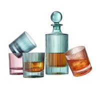Khen Ribbed Decanter Set with 4 Glasses - Whiskey Bourbon Scotch Cocktail Drinkware | 5-Piece Muted Toned Glassware Collection | European Inspired Durable Barware Gift Elegant Home Bar 27oz 10oz