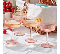 Khen Shatterproof Acrylic Ribbed Vintage Art Deco Coupe Glasses | Set of 4 | 8oz Ripple Glassware for Indoor & Outdoor Use | Pink (Peach-Tinted) Glasses
