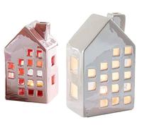 khevga Christmas Decoration Ceramic Tea Light Houses Set of 2 (Pink/Cream, 14 cm + 16 cm)