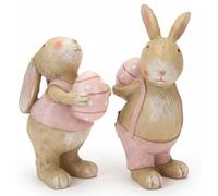 khevga Easter Bunny Figures Set of 2 - Cute Decorative Rabbits with Easter Eggs in Pink/Beige - Rustic Easter Decoration for Table and Windowsill - Decorative Figures Country House Style