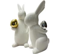 khevga Easter Decoration Bunny Easter Bunny Set of 2 White Porcelain with Egg in Gold/Silver